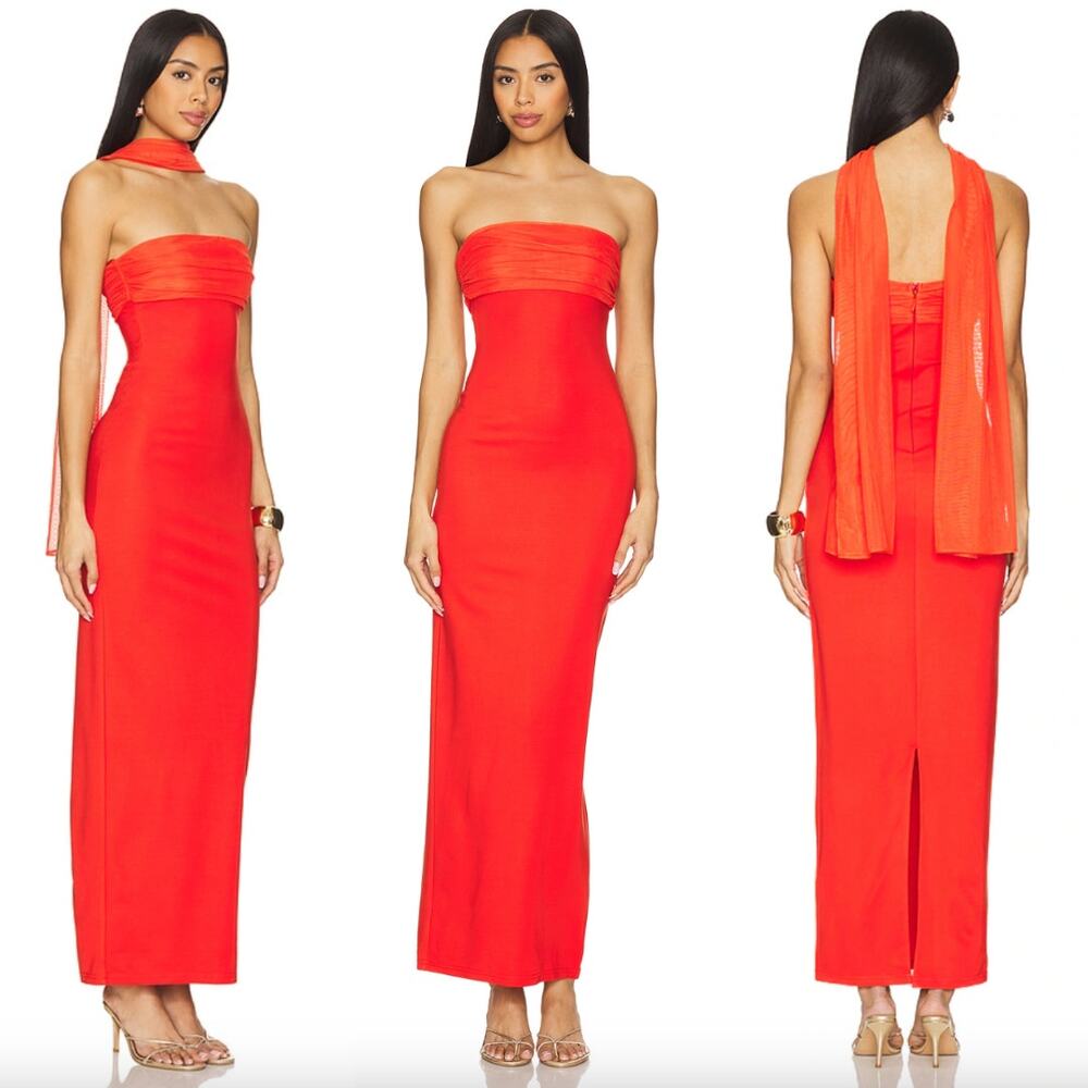 superdown | Tierra Maxi Dress in Red Strapless Tube Dress w/ Neck Scarf S